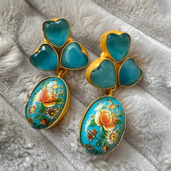 Jewelry - Elegant Gold and Teal Heart Drop Earrings